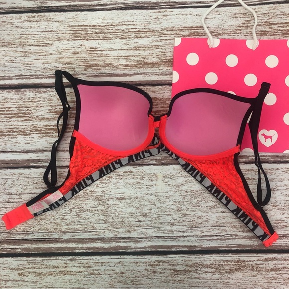 PINK Victoria’s Secret Bra Size 32C Orange Leopard Lace Wear Everywhere Push-Up - Picture 5 of 6